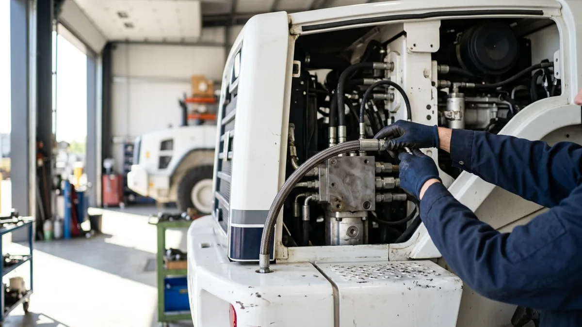Technician's hands inspecting a hydraulic hose on a wheel loader in a shop
