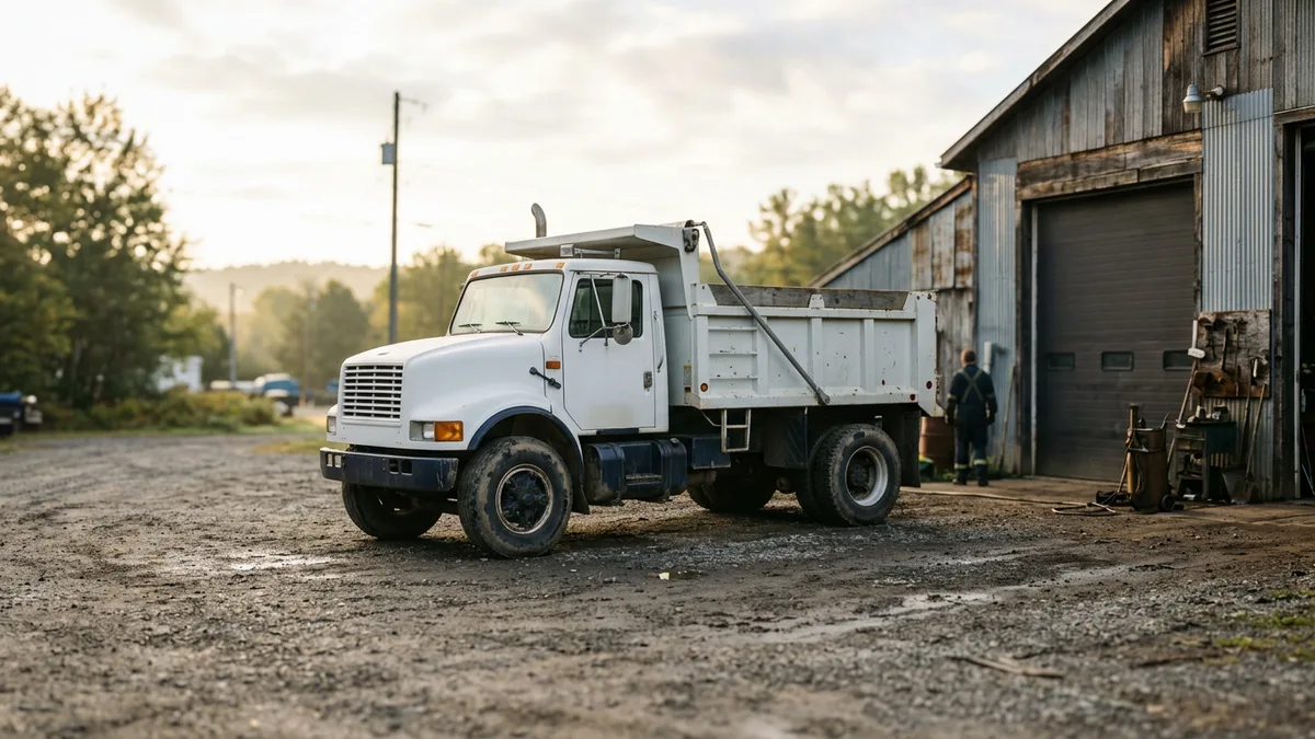 Dump truck parked in a gravel yard beside a workshop in early morning light