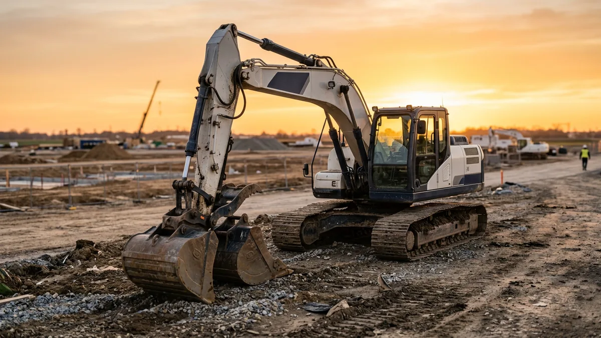 Full-size excavator parked at the edge of a commercial job site at golden hour