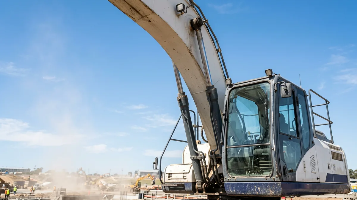 Excavator boom and control cab against a clear sky at a construction site