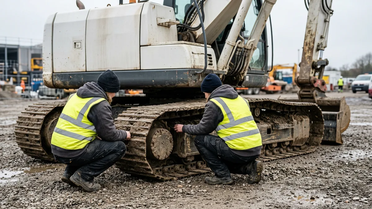 Technician inspecting the tracks and undercarriage of a used excavator