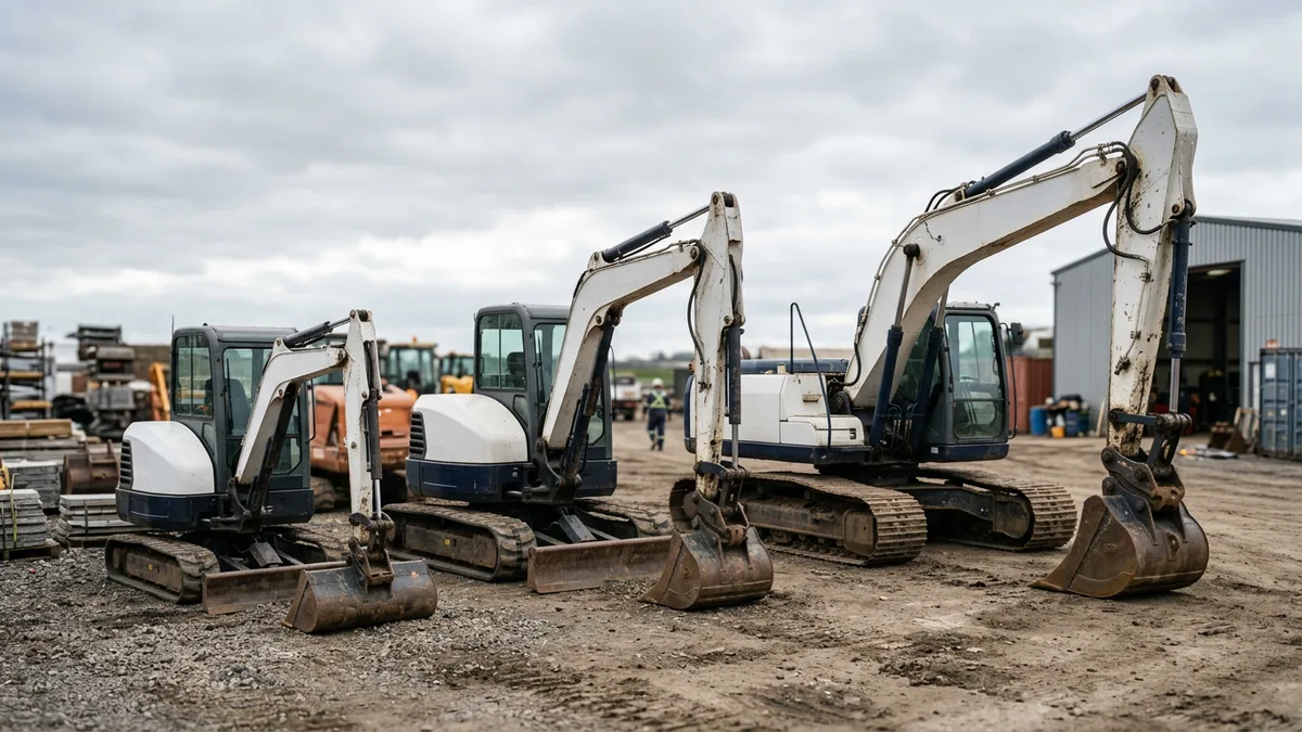 Row of excavators of different sizes parked at a construction site