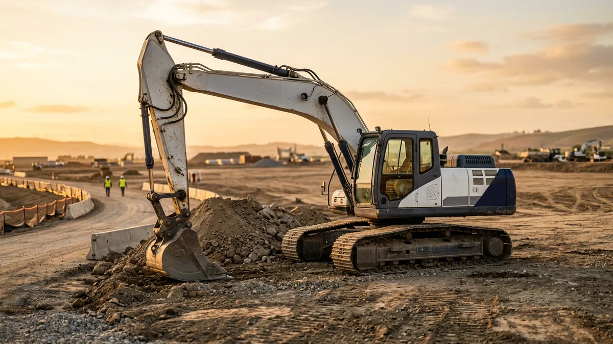 Full-size excavator parked at the edge of a commercial job site at golden hour