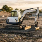 Compact excavator parked on a graded construction site in low evening sun