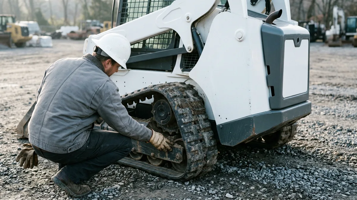 Technician inspecting the undercarriage of a compact track loader on a gravel lot