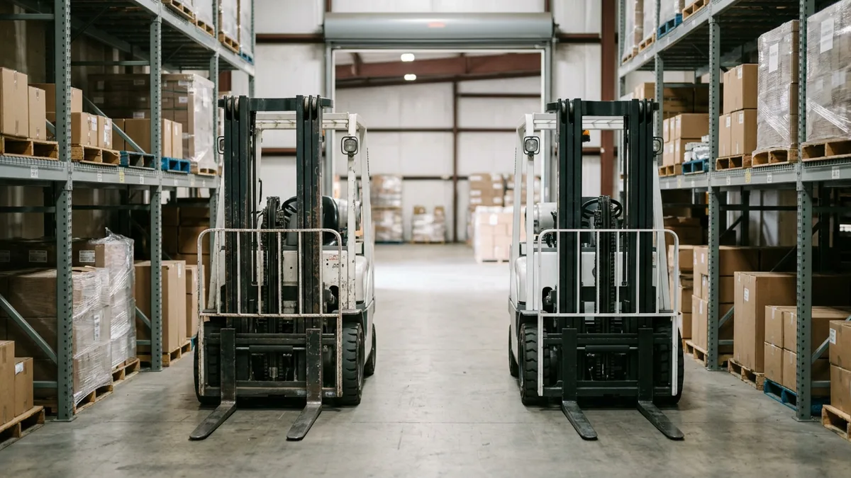 Two forklifts parked side by side in a warehouse aisle