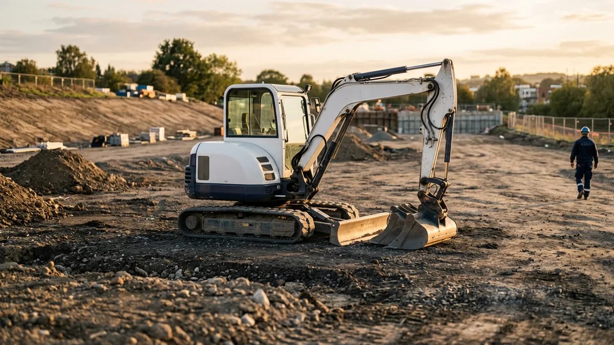 Compact excavator parked on a graded construction site in low evening sun