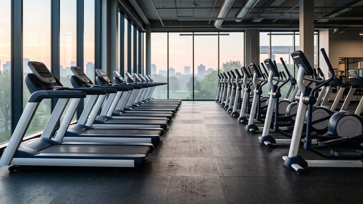 Rows of commercial treadmills and ellipticals facing tall windows in an empty fitness club at dawn