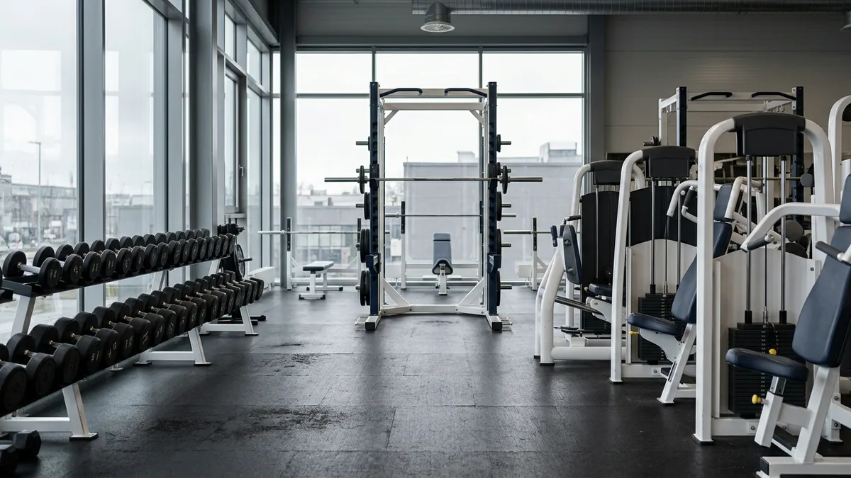 Pin-loaded machines, squat rack and dumbbell rack on rubber flooring in a commercial gym