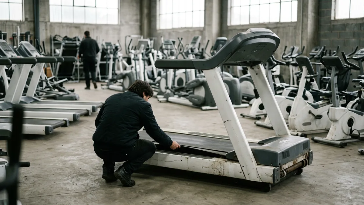 Person crouched beside a used treadmill checking the belt edge in a refurbished equipment showroom