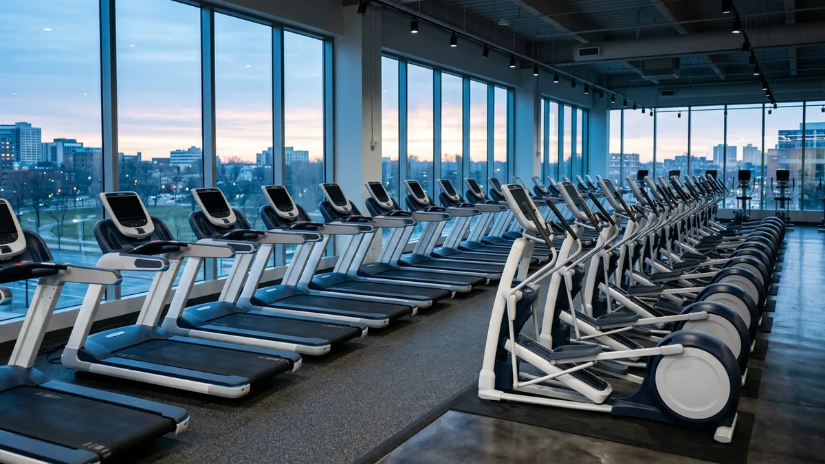Rows of commercial treadmills and ellipticals facing windows in a fitness club at dawn