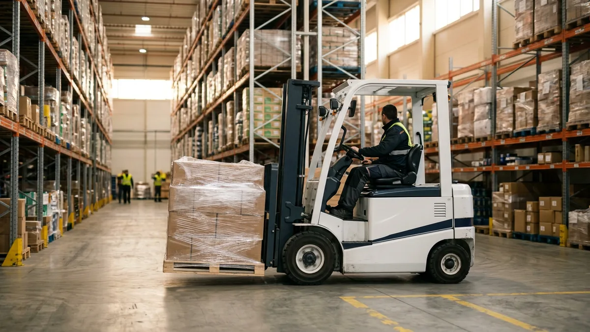 White electric forklift carrying a pallet down a warehouse aisle in morning light
