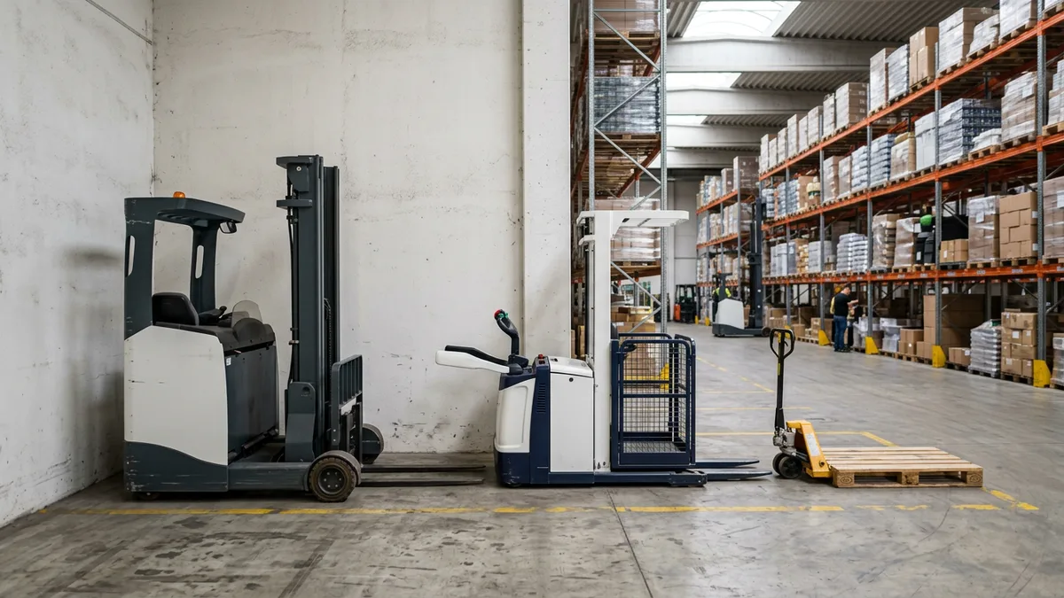 Reach truck, order picker and pallet jack parked along a distribution center wall