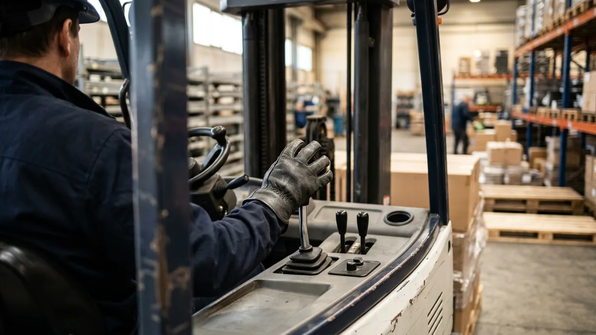 Forklift operator's hand on the control lever inside the cab of a warehouse lift truck