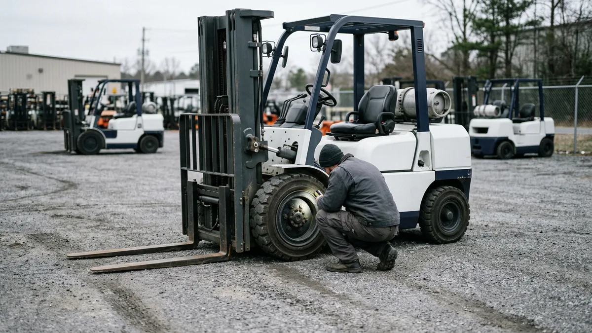 Person inspecting the front wheel of a used forklift at an equipment dealer's lot