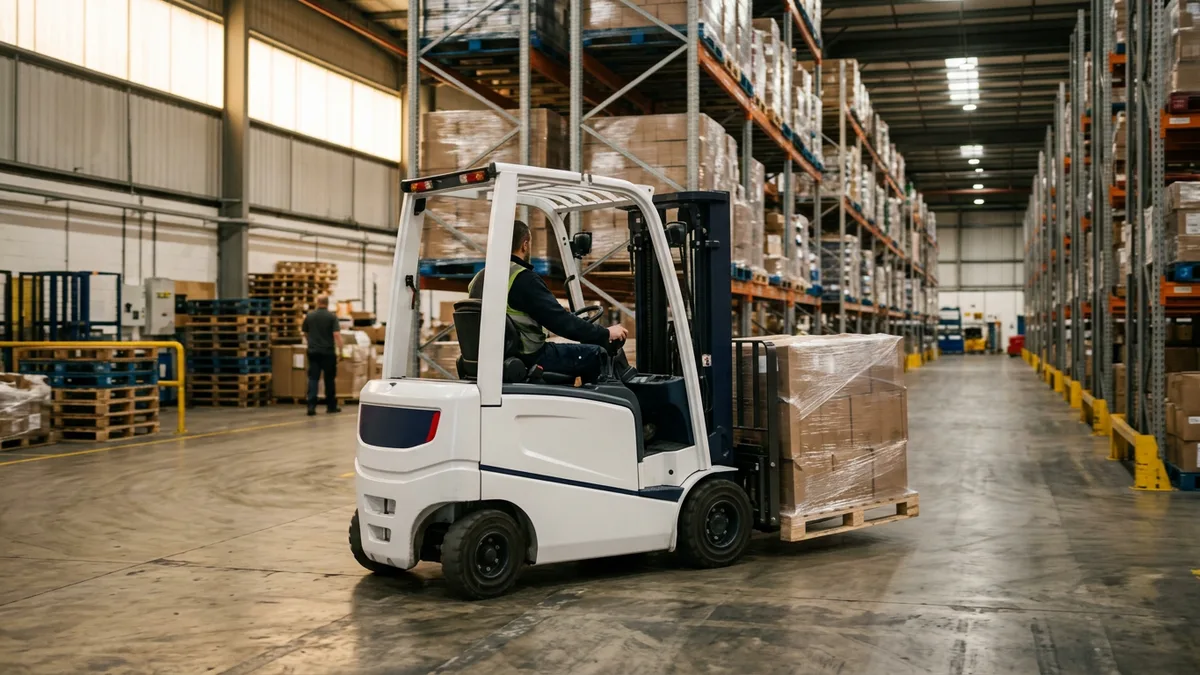White electric forklift carrying a pallet down a warehouse aisle in morning light