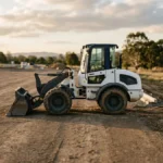 Compact wheel loader at the edge of a graded construction yard in late afternoon
