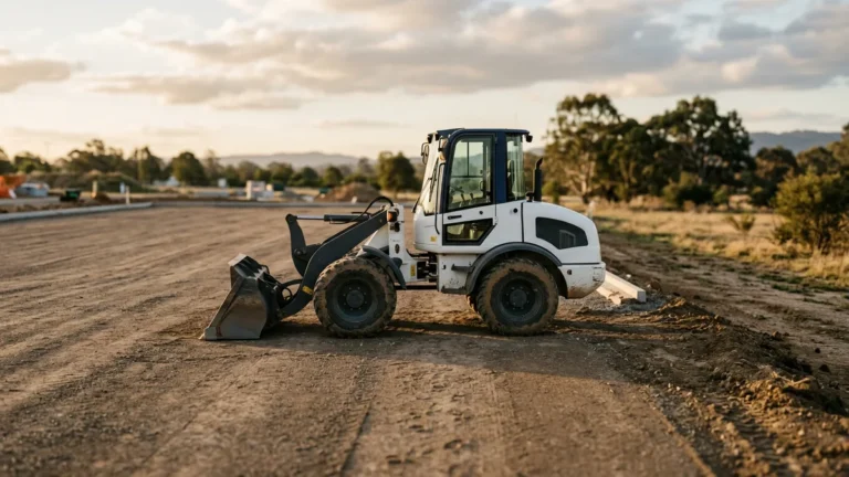 Compact wheel loader at the edge of a graded construction yard in late afternoon