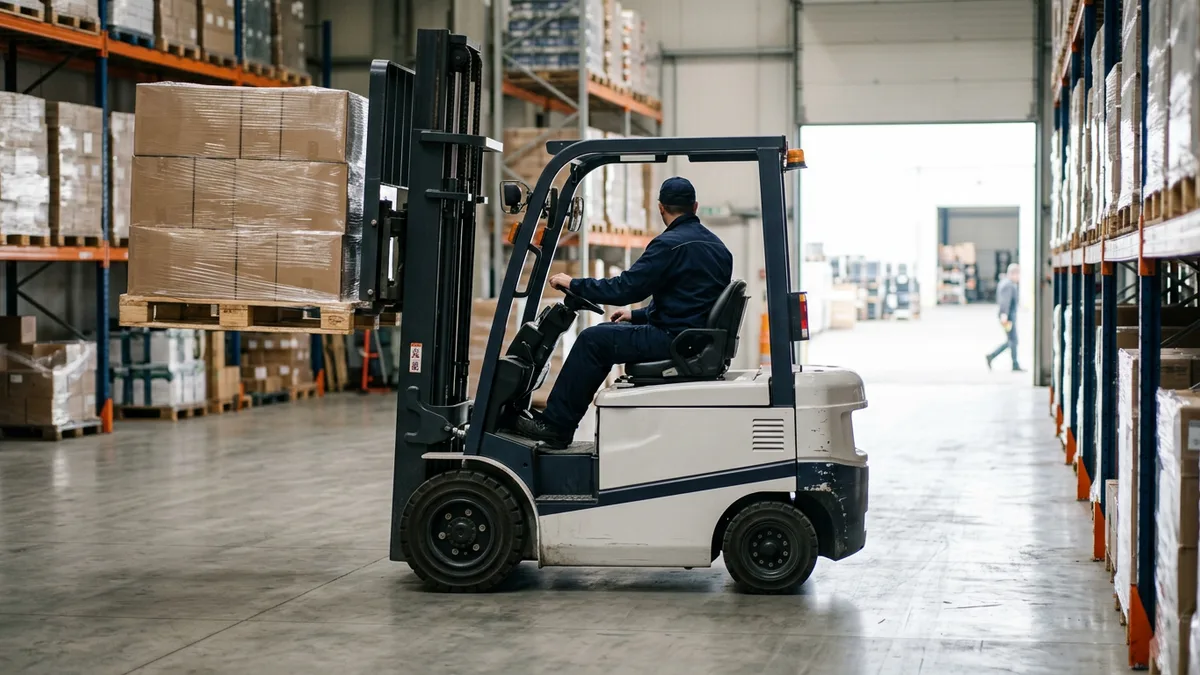 Forklift lifting a loaded pallet in a warehouse aisle