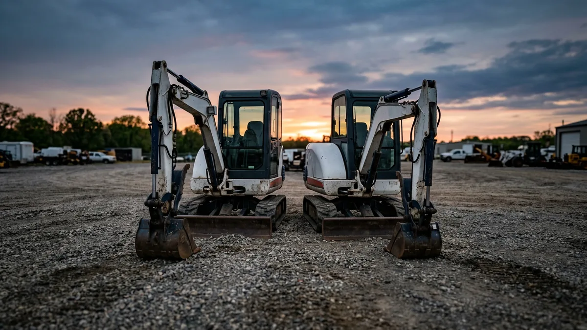 Two compact excavators parked side by side on a gravel lot at dusk