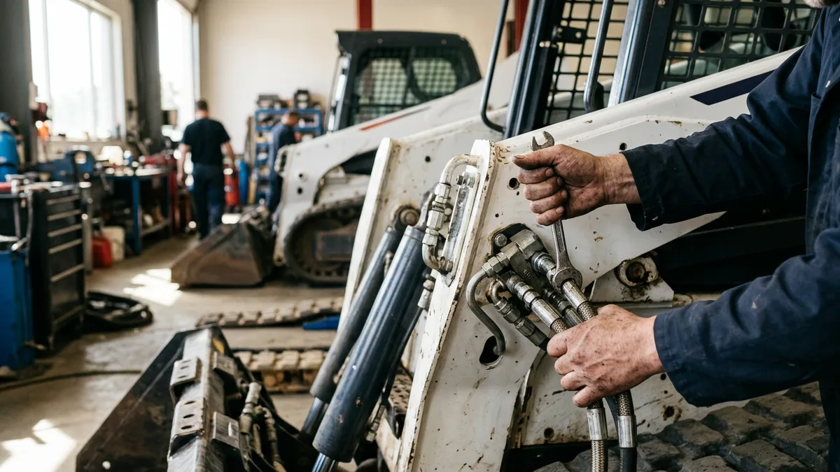 Mechanic's hands tightening a hydraulic fitting on a compact loader in a workshop bay