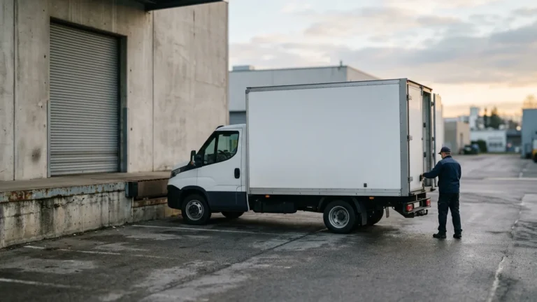 Box truck parked beside a loading dock as a worker opens the rear door