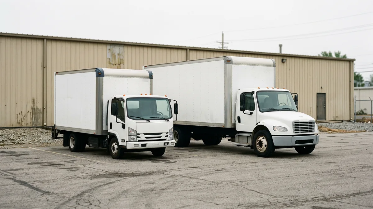 Short and long box trucks parked side by side in an empty paved lot