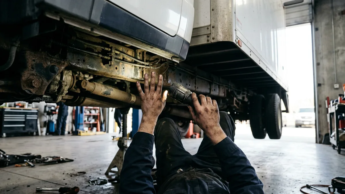 Mechanic inspecting the underside of a box truck in a service bay