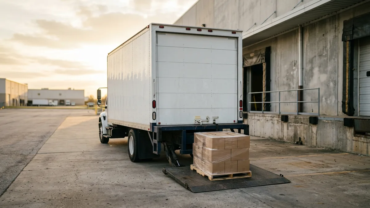 Box truck with its liftgate lowered beside a loading dock