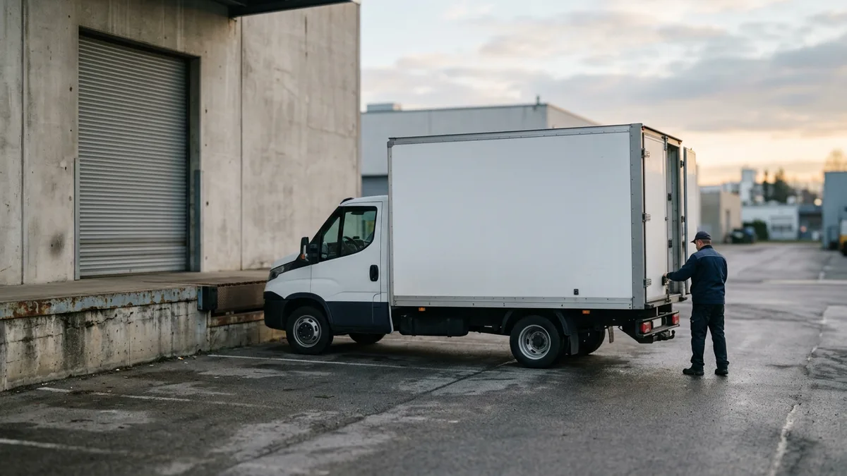 Box truck parked beside a loading dock as a worker opens the rear door