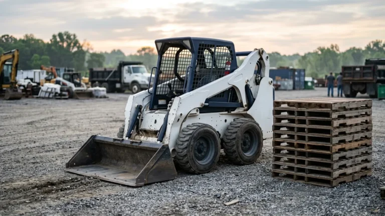 Wheeled skid steer loader parked in a gravel yard in early morning light