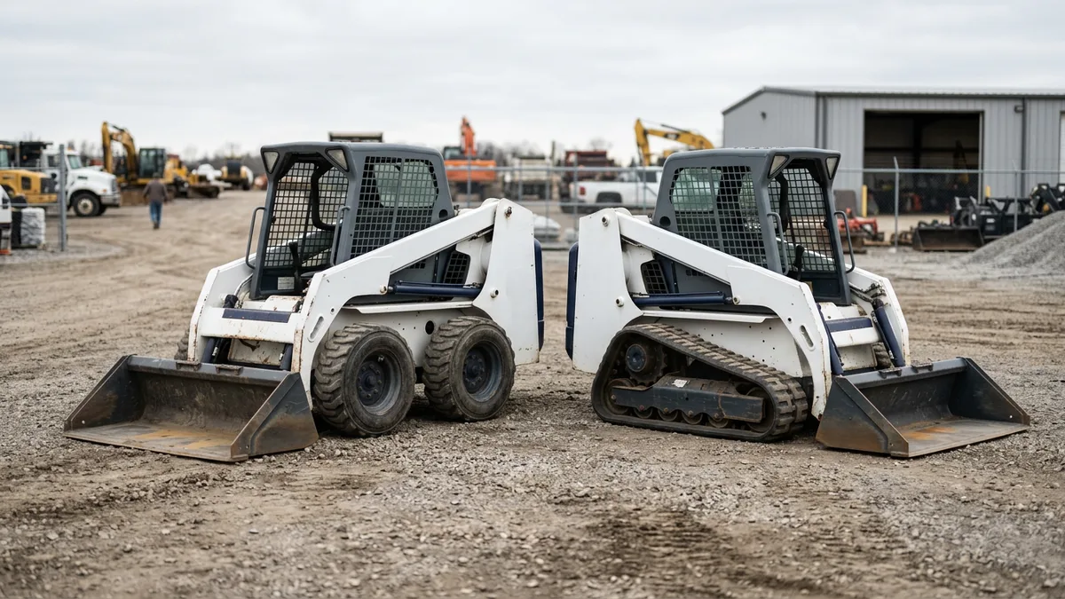 Wheeled skid steer loader and compact track loader parked side by side in a contractor's yard