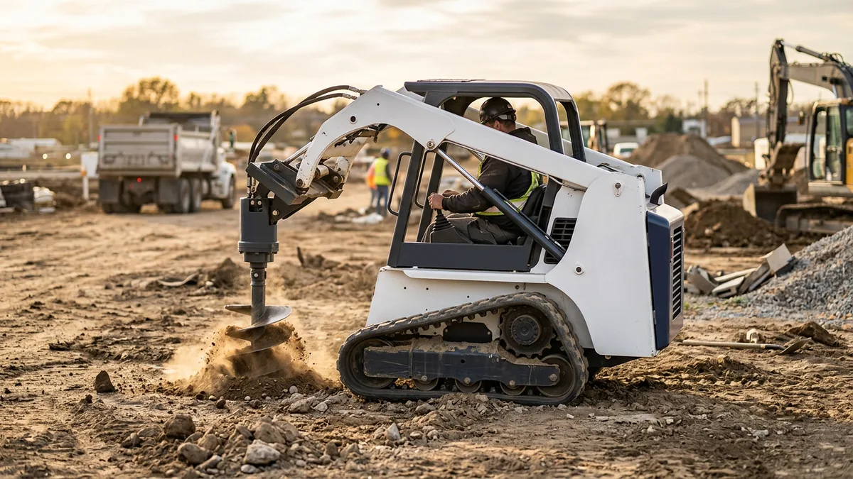 Compact track loader with an auger attachment drilling at a job site
