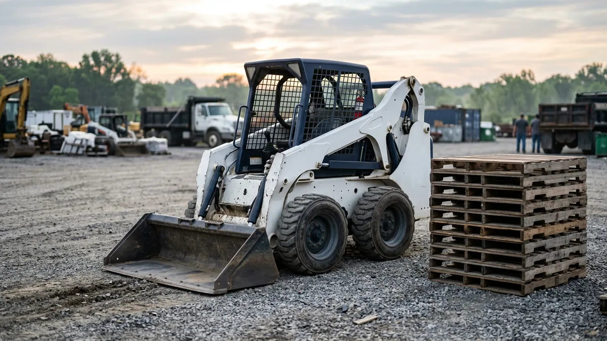 Wheeled skid steer loader parked in a gravel yard in early morning light