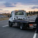 Flatbed tow truck parked on a highway shoulder at dusk