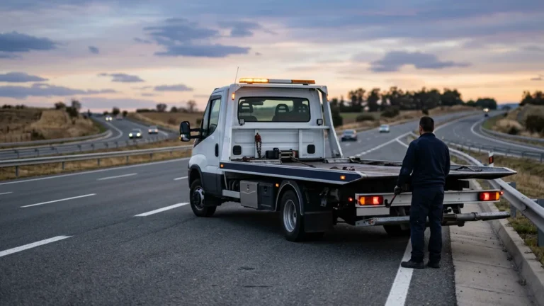 Flatbed tow truck parked on a highway shoulder at dusk
