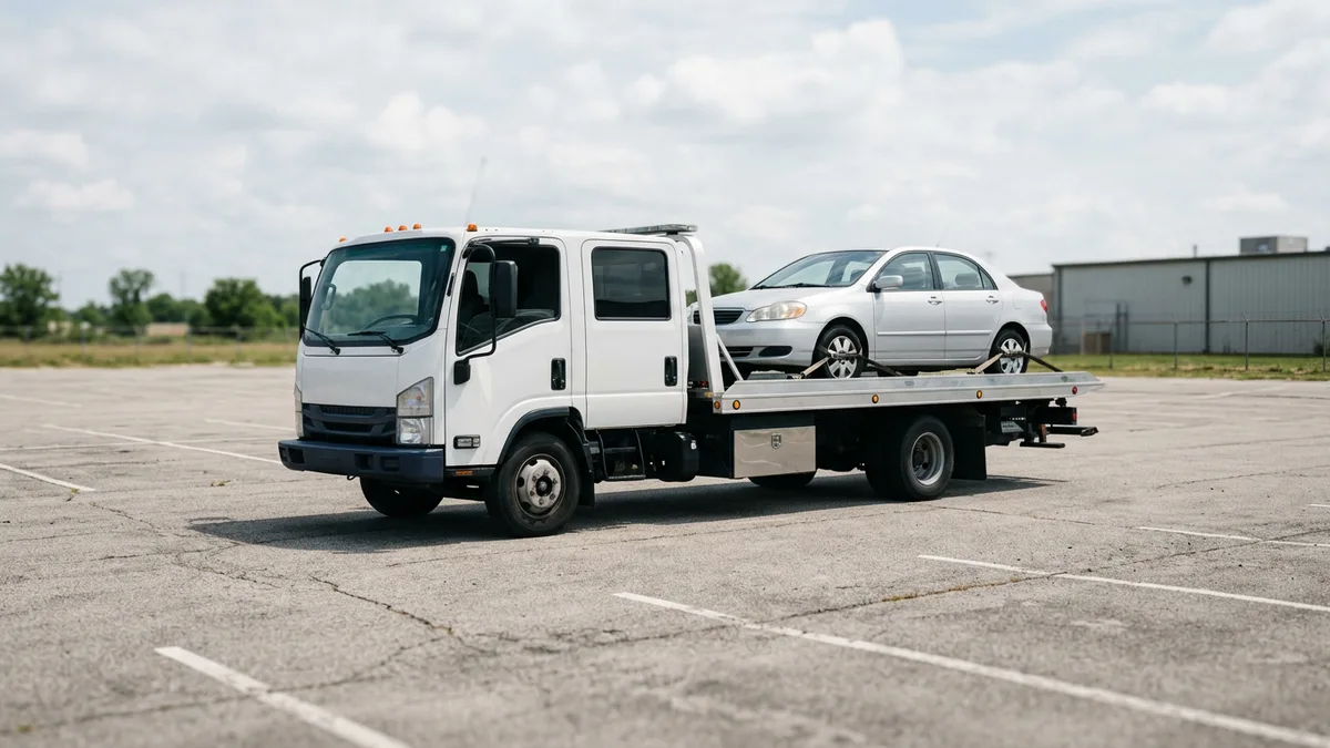 Flatbed rollback tow truck with a car loaded on its bed in a dealer lot