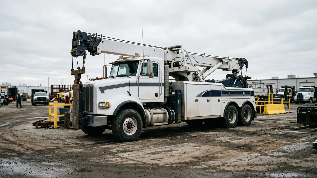 Heavy-duty rotator wrecker truck parked in a service yard with its boom folded down