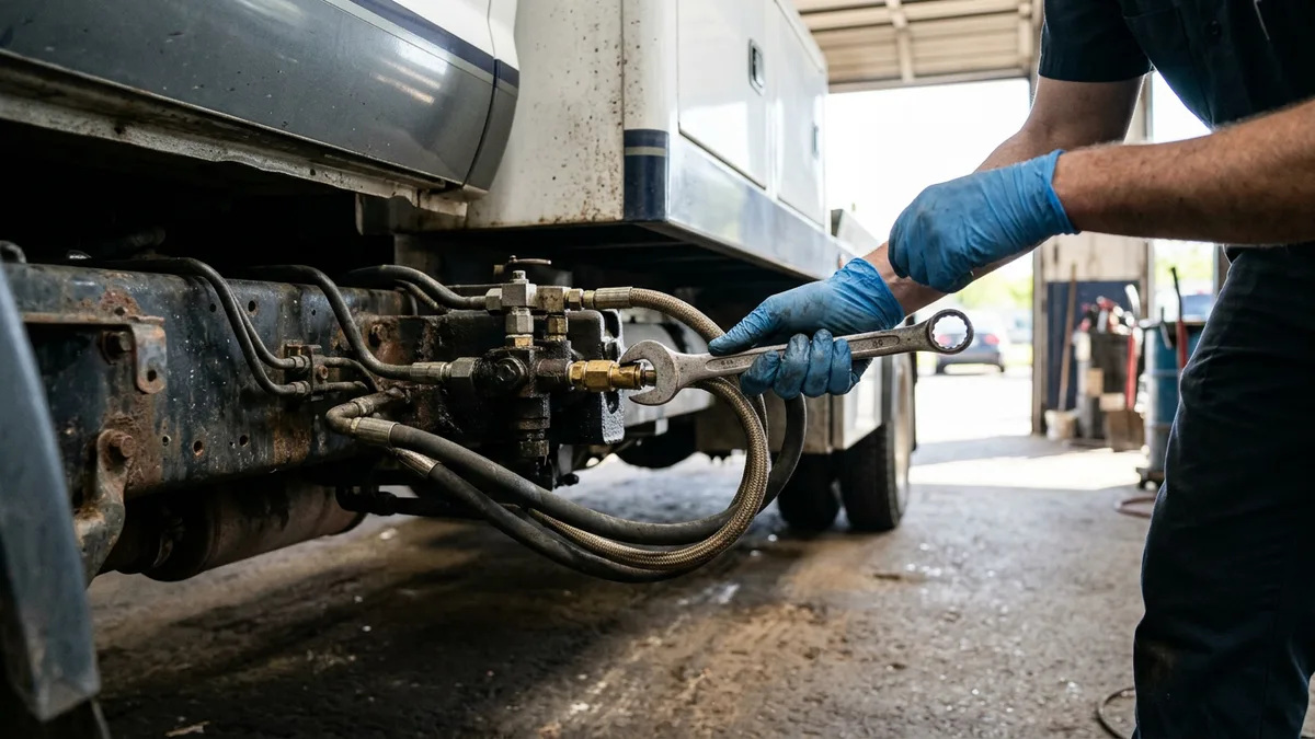 Technician inspecting the hydraulic lines under a tow truck's bed in a service bay