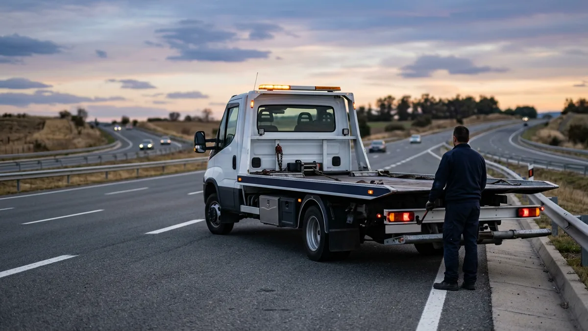 Flatbed tow truck parked on a highway shoulder at dusk