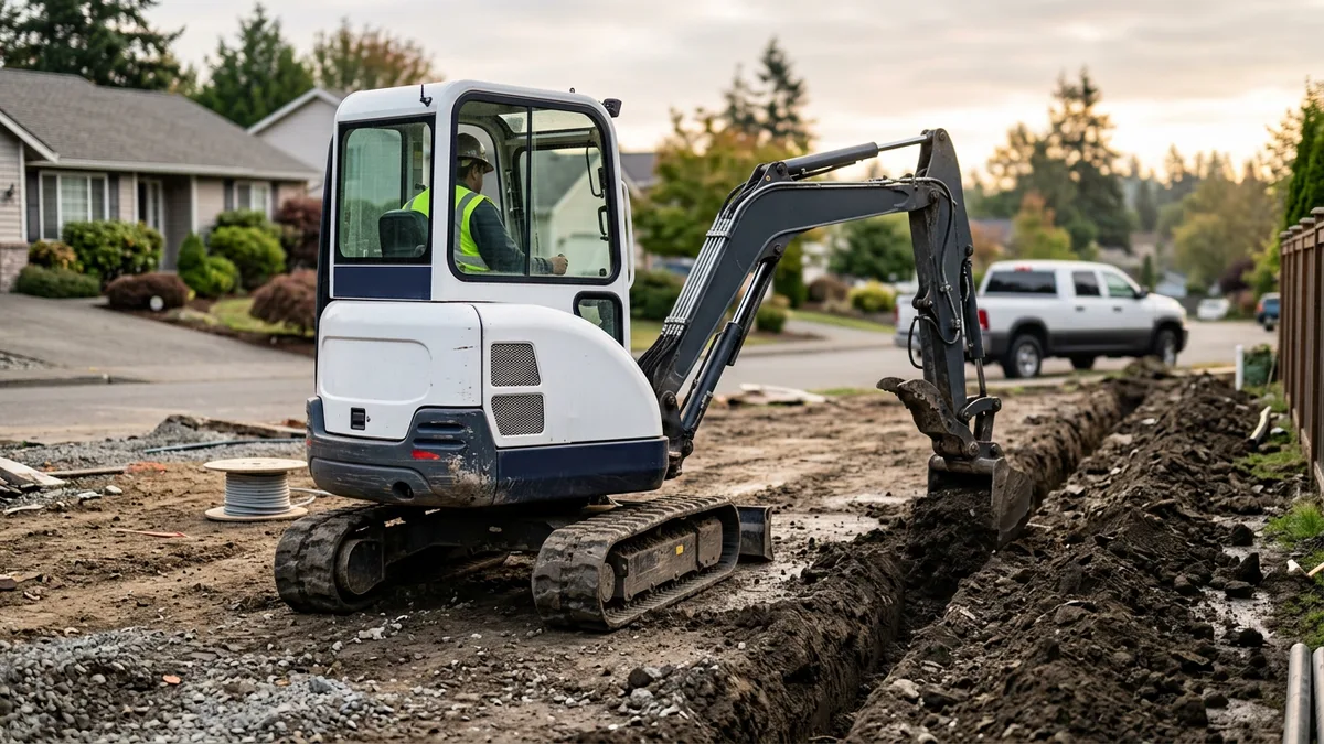 Mini excavator digging a utility trench in a residential backyard