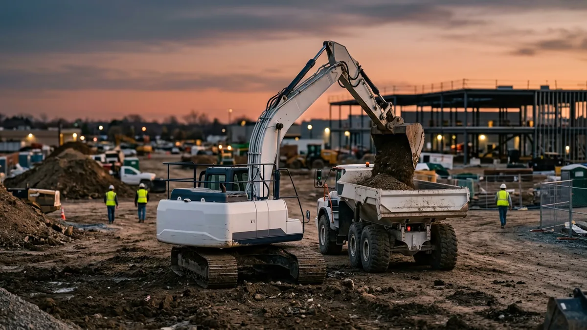 Standard-size excavator loading a dump truck at a commercial job site at dusk