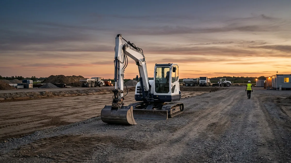 Excavator parked on a graded construction site at dusk