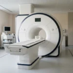 Wide-bore MRI scanner in a clean imaging suite in morning light