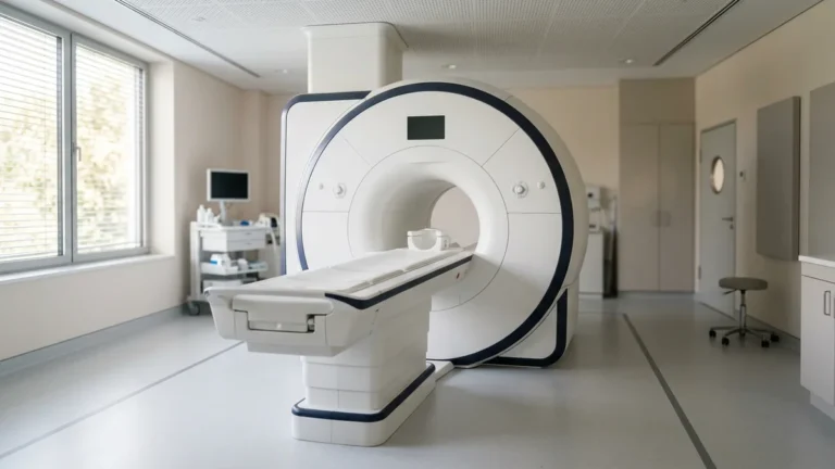 Wide-bore MRI scanner in a clean imaging suite in morning light