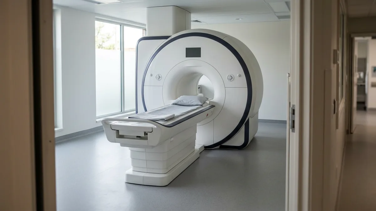 Wide-bore MRI scanner in an empty scan room with the patient table extended