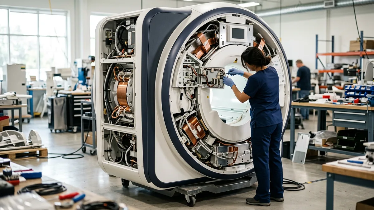 Technician inspecting a partly assembled MRI scanner in a workshop bay