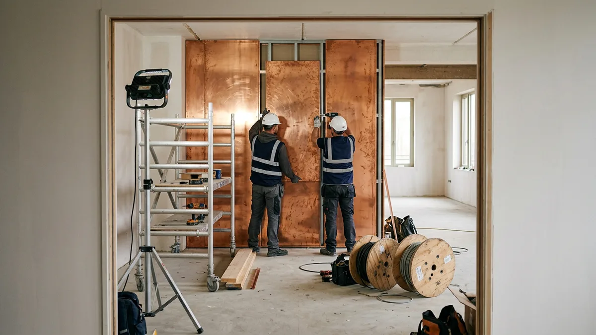Crew fitting copper shielding panels on the wall of an empty room