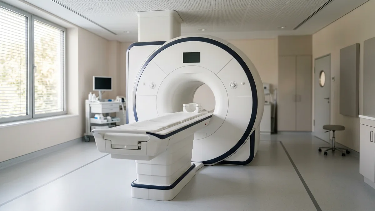 Wide-bore MRI scanner in a clean imaging suite in morning light