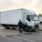 Box truck parked in a commercial yard in early morning light